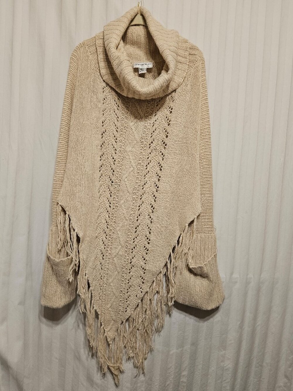 Vintage Newport News Cable Knit Fringe Poncho Sweater Cowl Neck, Beige OS